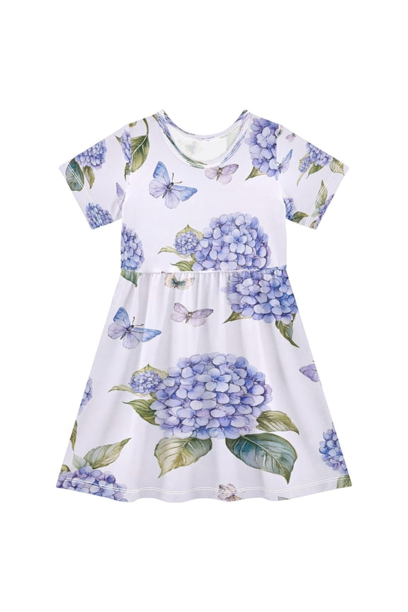 Girls Short Sleeve A-Line Dress Blue Hydrangea Play Dress Sizes 2T