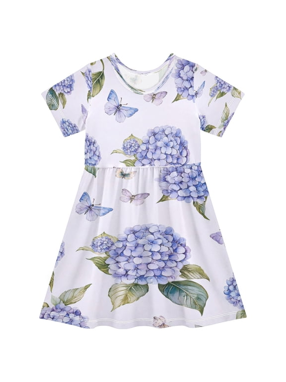 Girls Short Sleeve A-Line Dress Blue Hydrangea Play Dress Sizes 5-6T