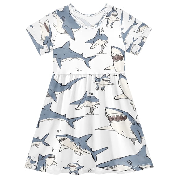 Girls Short Sleeve A-Line Dress Blue Shark with White Belly Play Dress Sizes 3T