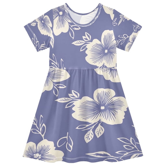 Girls Short Sleeve A-Line Dress Blue and White Floral Play Dress Sizes 2T