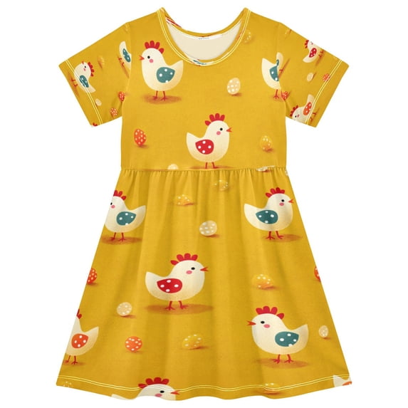 Girls Short Sleeve A-Line Dress Cartoon Chickens Pattern Play Dress Sizes 5-6T