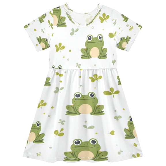 Girls Short Sleeve A-Line Dress Cartoon Frog Pattern Play Dress Sizes 2T