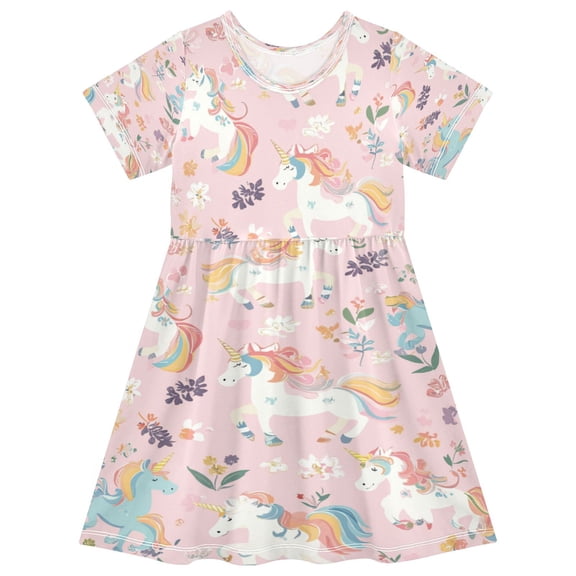 Girls Short Sleeve A-Line Dress Cartoon Unicorns Pattern Play Dress Sizes 2T