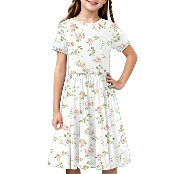 Girls Short Sleeve A-Line Dress Casual Summer Graphic Flowy Swing Ruffle Pleated Dresses 4-14 Years