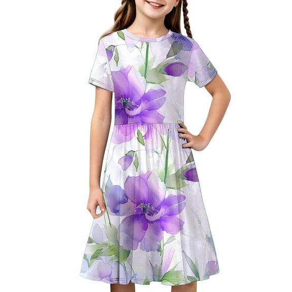 Girls Short Sleeve A-Line Dress Casual Summer Graphic Flowy Swing Ruffle Pleated Dresses 4-14 Years