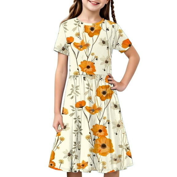 Girls Short Sleeve A-Line Dress Casual Summer Graphic Flowy Swing Ruffle Pleated Dresses 4-14 Years