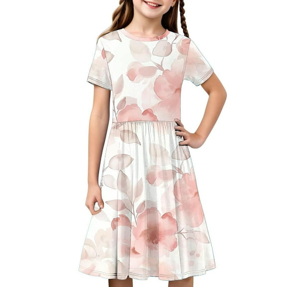 Girls Short Sleeve A-Line Dress Casual Summer Graphic Flowy Swing Ruffle Pleated Dresses 4-14 Years