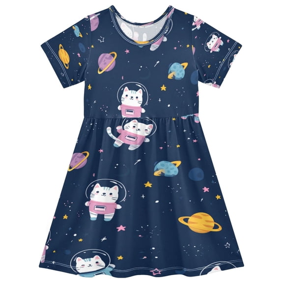 Girls Short Sleeve A-Line Dress Cats in Space Suits Play Dress Sizes 2T