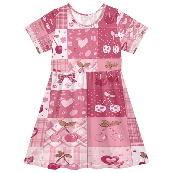 Girls Short Sleeve A-Line Dress Cherry Pattern with Bows Play Dress Sizes 7-8T