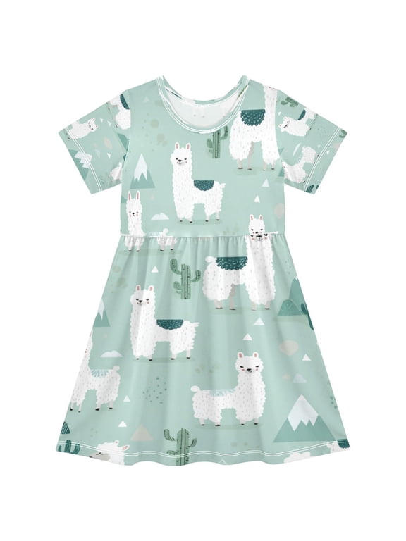 Girls Short Sleeve A-Line Dress Cute Cartoon Llama Pattern Play Dress Sizes 2T