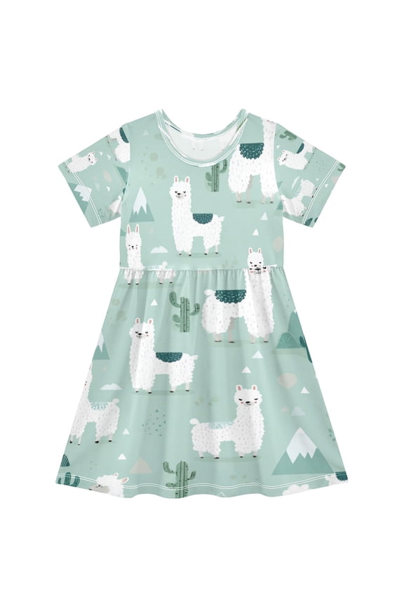 Girls Short Sleeve A-Line Dress Cute Cartoon Llama Pattern Play Dress Sizes 2T