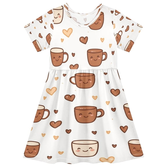 Girls Short Sleeve A-Line Dress Cute Coffee Cup Pattern Play Dress Sizes 2T