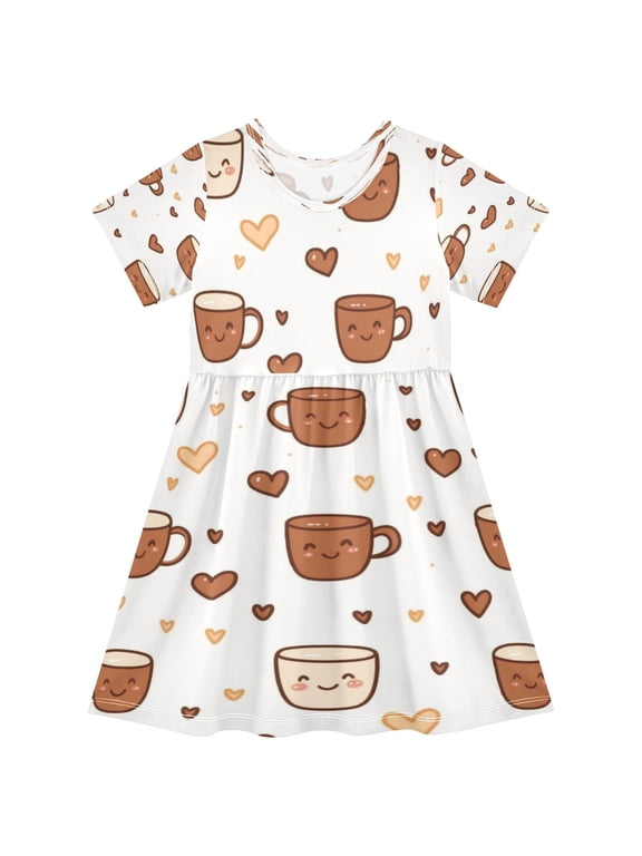 Girls Short Sleeve A-Line Dress Cute Coffee Cup Pattern Play Dress Sizes 2T