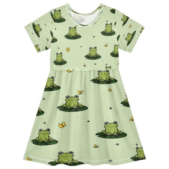 Girls Short Sleeve A-Line Dress Cute Frogs on Lily Pads Play Dress Sizes 2T