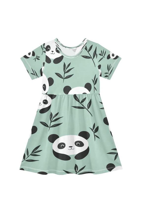 Girls Short Sleeve A-Line Dress Cute Pandas Play Dress Sizes 3T