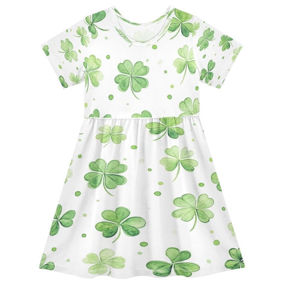 Girls Short Sleeve A-Line Dress Green Shamrock Leaves Play Dress Sizes 2T
