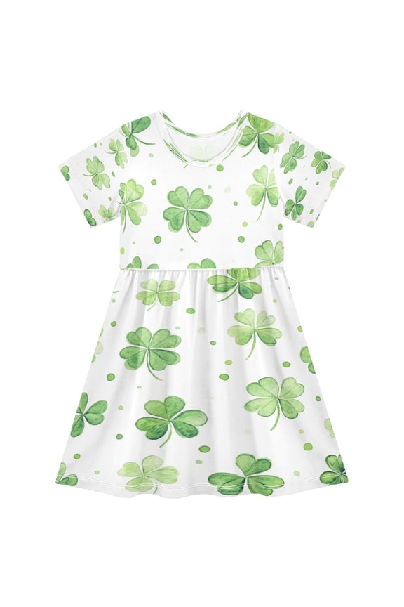 Girls Short Sleeve A-Line Dress Green Shamrock Leaves Play Dress Sizes 3T
