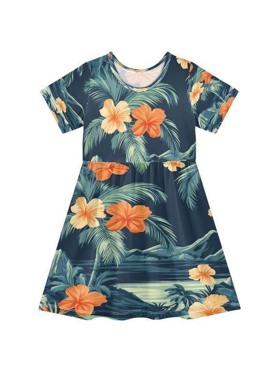Girls Short Sleeve A-Line Dress Hawaiian Floral Pattern Play Dress Sizes 2T