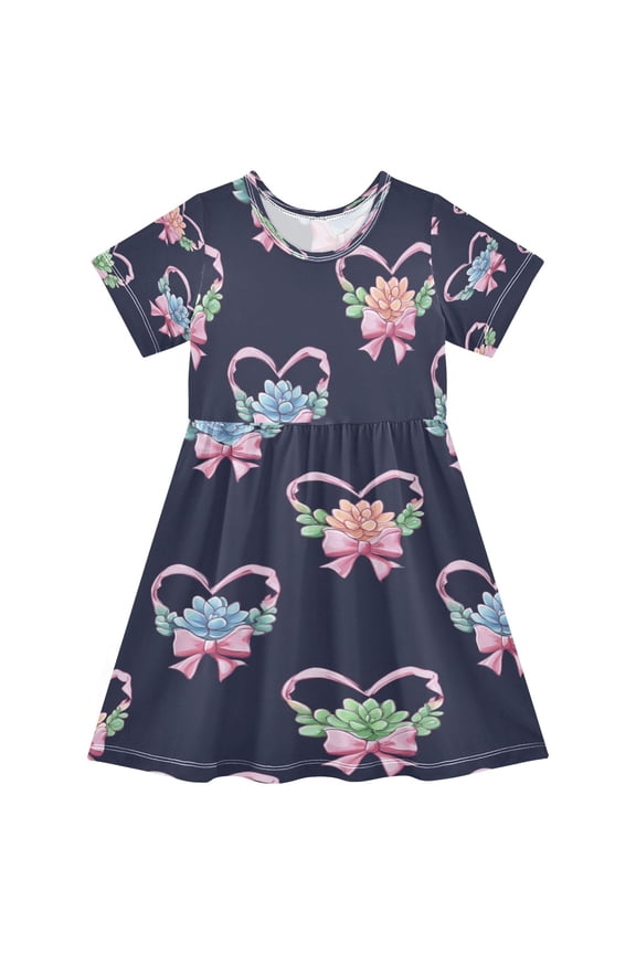Girls Short Sleeve A-Line Dress Heart Shape Succulents Pattern Play Dress Sizes 2T