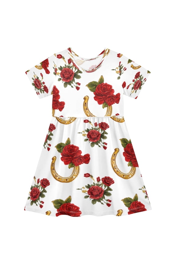 Girls Short Sleeve A-Line Dress Horseshoe Pattern with Red Roses Play Dress Sizes 5-6T