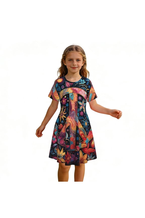 Girls' Short Sleeve A-Line Dress Kids Teens Casual Summer T-Shirt Sundress, Peace Sign Hippy Art