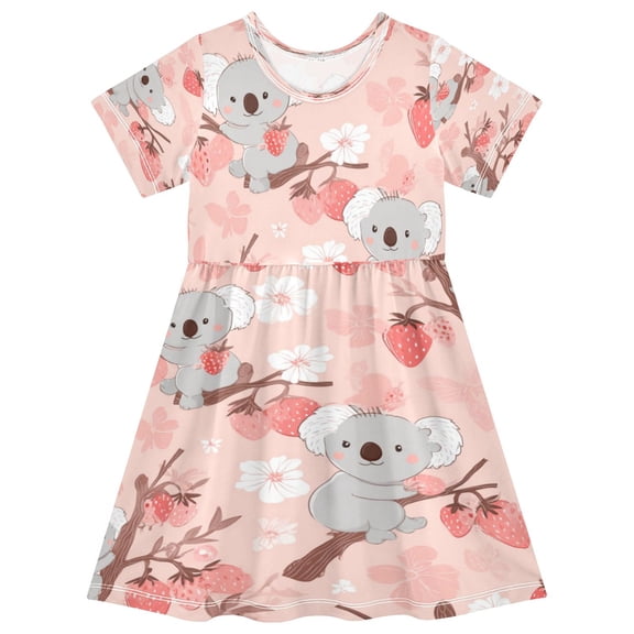 Girls Short Sleeve A-Line Dress Koala and Strawberry Pattern Play Dress Sizes 2T
