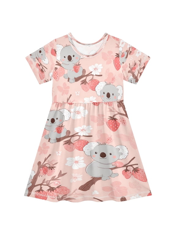 Girls Short Sleeve A-Line Dress Koala and Strawberry Pattern Play Dress Sizes 2T