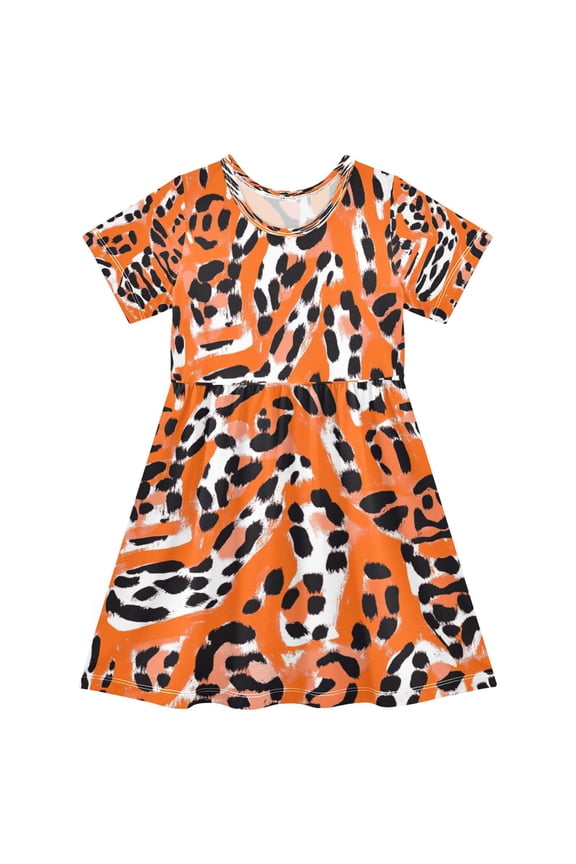 Girls Short Sleeve A-Line Dress Orange Leopard Print Play Dress Sizes 3T