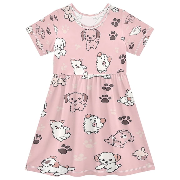 Girls Short Sleeve A-Line Dress Pink Cartoon Puppy Pattern Play Dress Sizes 2T