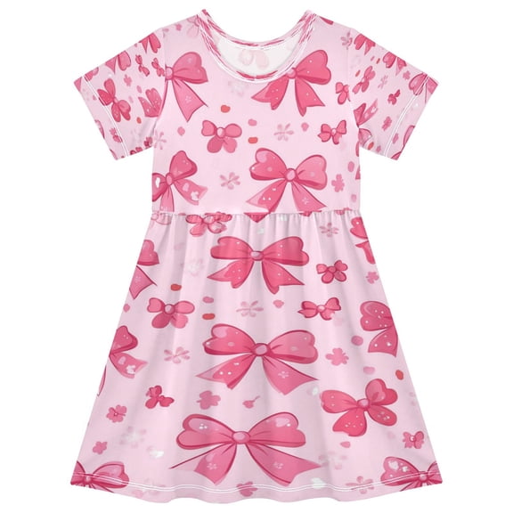 Girls Short Sleeve A-Line Dress Pink Cute Bows Play Dress Sizes 2T