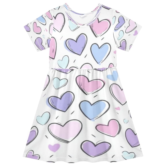 Girls Short Sleeve A-Line Dress Pink and Purple Hearts Play Dress Sizes 2T