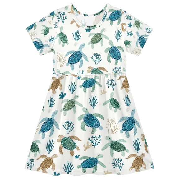 Girls Short Sleeve A-Line Dress Play Dress Blue and Green Turtles Sizes 2T