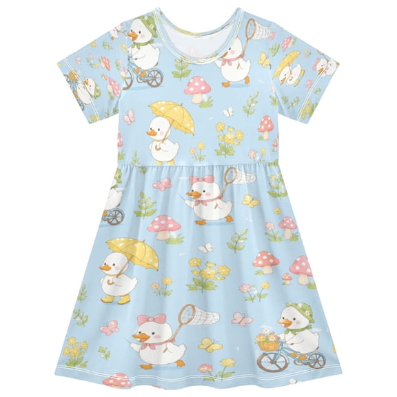 Girls Short Sleeve A-Line Dress Play Dress Cartoon White Duck Pattern Sizes 2T