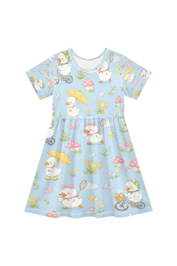 Girls Short Sleeve A-Line Dress Play Dress Cartoon White Duck Pattern Sizes 2T