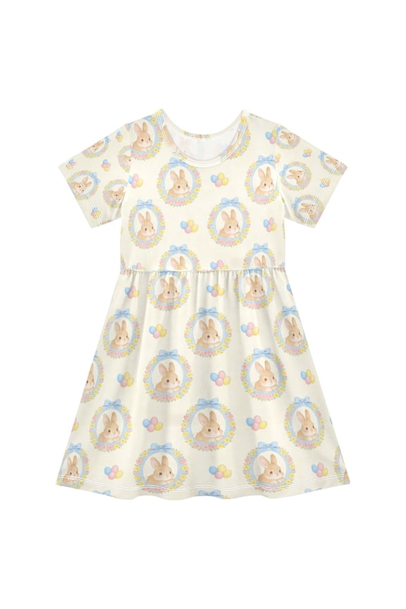 Girls Short Sleeve A-Line Dress Play Dress Cute Light Brown Bunny Sizes 2T