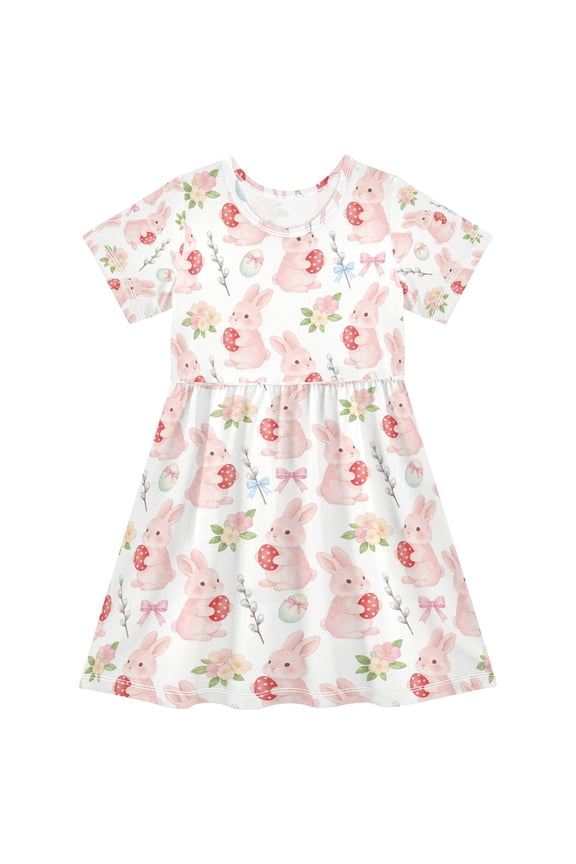 Girls Short Sleeve A-Line Dress Play Dress Cute Pink Bunny Pattern Sizes 2T