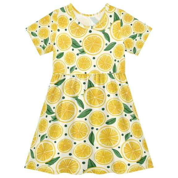 Girls Short Sleeve A-Line Dress Play Dress Lemon Cross Sections Pattern Sizes 2T