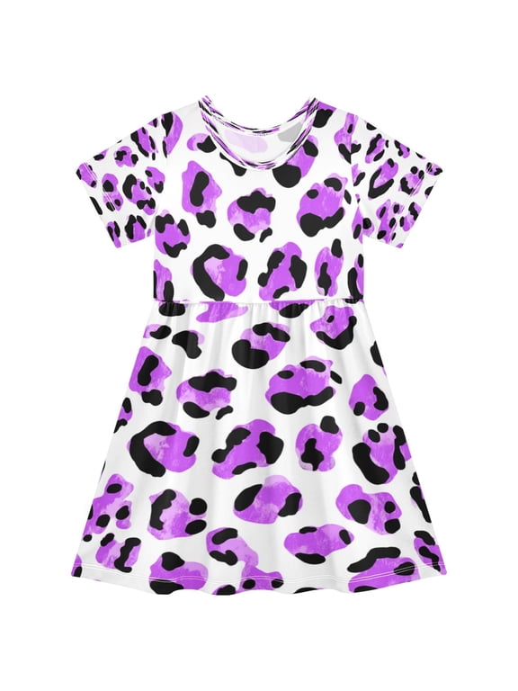 Girls Short Sleeve A-Line Dress Play Dress Neon Purple Leopard Print Sizes 2T