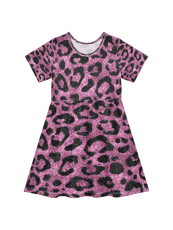 Girls Short Sleeve A-Line Dress Play Dress Pink Glitter Cheetah Print Sizes 2T