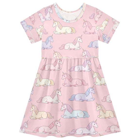 Girls Short Sleeve A-Line Dress Play Dress Sitting Unicorn Pattern Sizes 2T