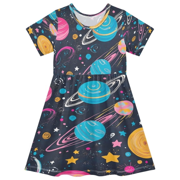 Girls Short Sleeve A-Line Dress Stars and Planets Pattern Play Dress Sizes 2T