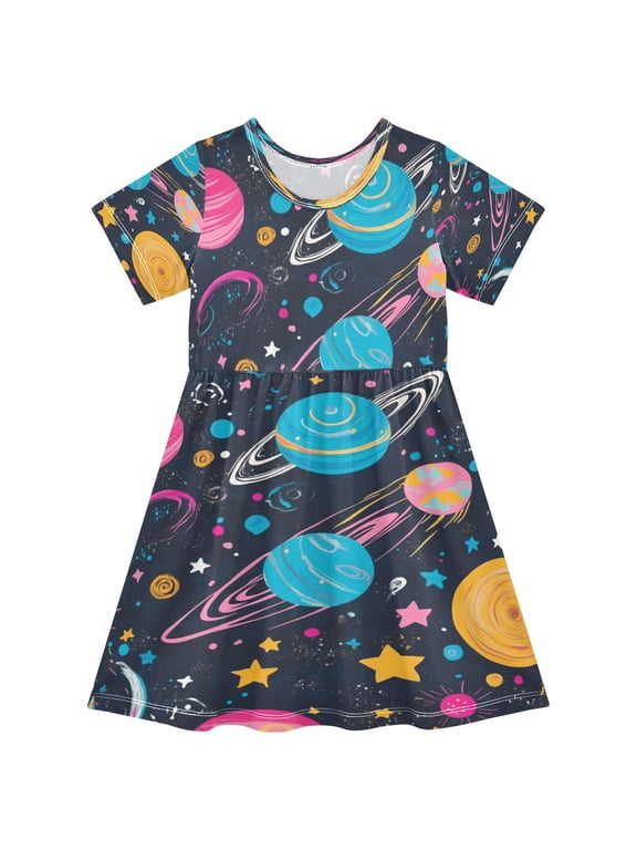 Girls Short Sleeve A-Line Dress Stars and Planets Pattern Play Dress Sizes 2T