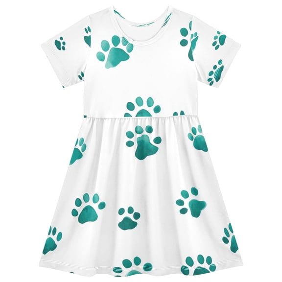 Girls Short Sleeve A-Line Dress Teal Dog Paw Prints Play Dress Sizes 2T