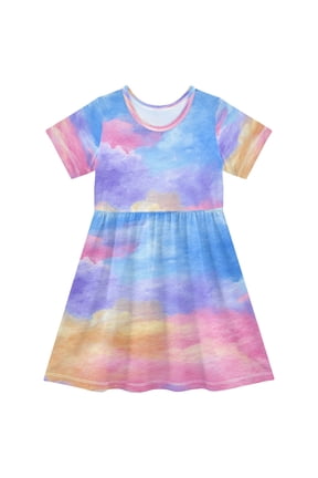Girls Short Sleeve A-Line Dress Tie-dye Clouds Pattern Play Dress Sizes 2T