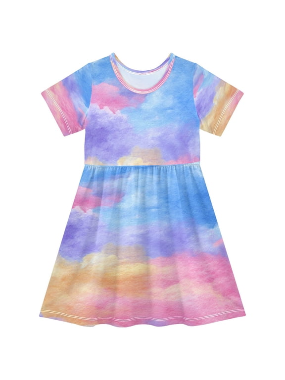 Girls Short Sleeve A-Line Dress Tie-dye Clouds Pattern Play Dress Sizes 2T