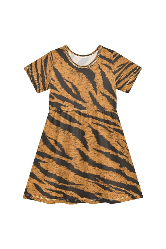 Girls Short Sleeve A-Line Dress Tiger Stripes Pattern Play Dress Sizes 3T