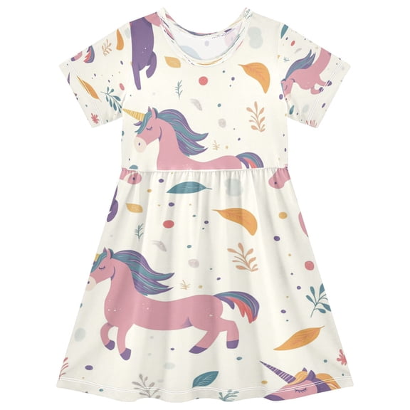 Girls Short Sleeve A-Line Dress Unicorn Pattern Play Dress Sizes 2T