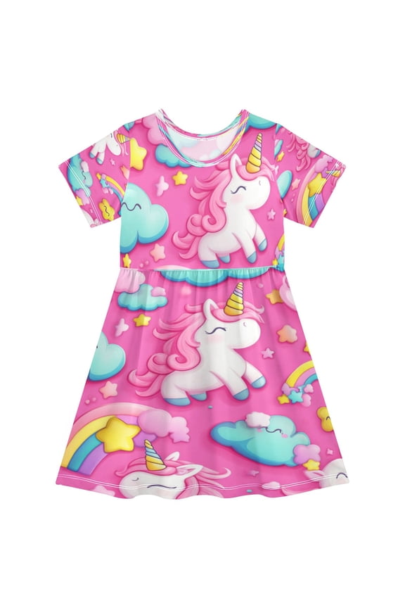 Girls Short Sleeve A-Line Dress Unicorns and Clouds Play Dress Sizes 7-8T