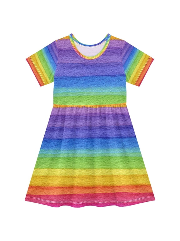 Girls Short Sleeve A-Line Dress Watercolor Rainbow Colors Play Dress Sizes 5-6T