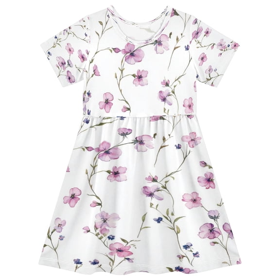 Girls Short Sleeve A-Line Dress Watercolor Small Pink Wildflowers Play Dress Sizes 2T